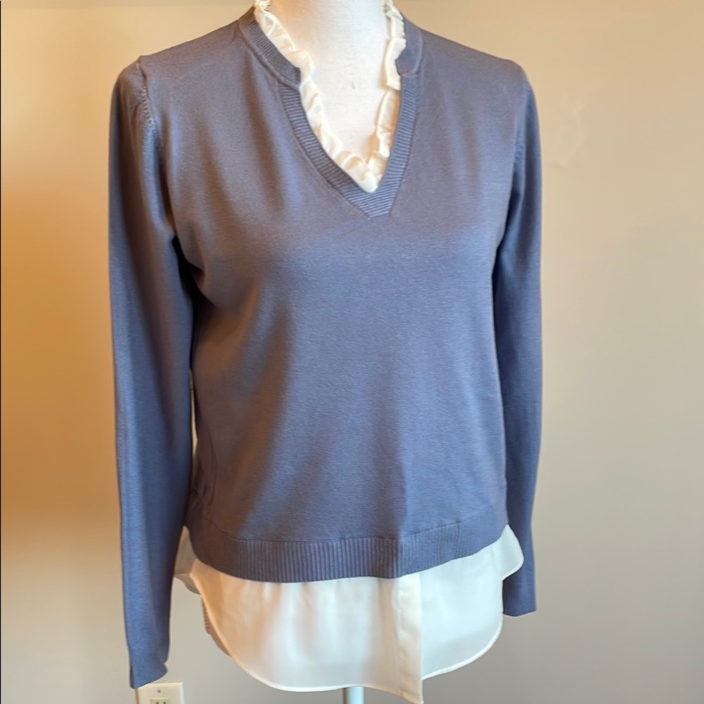 Blue V-Neck Sweater with White Ruffle Trim